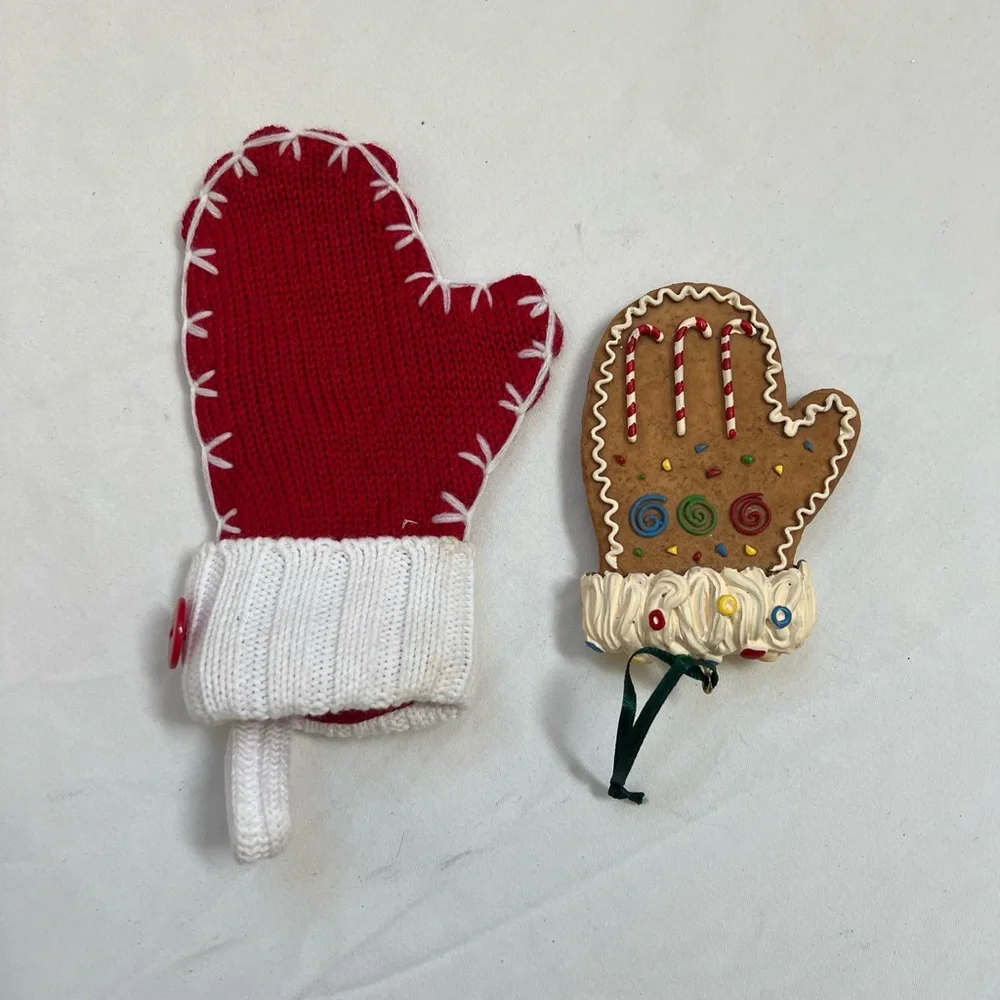 Christmas Mittens Ornaments (2) 1 Knit + 1 Stone Clay Hanging Decorated Vintage